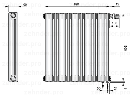 Схема (чертеж) Радиатор Zehnder Charleston 3150/15 №V002 Белый глянцевый RAL 9016